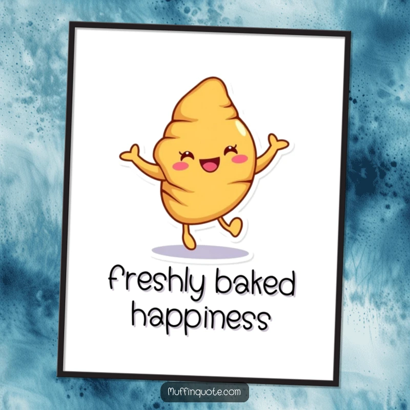 Funny croissant digital art print of a joyful character hopping, celebrating freshly baked goods with charming humor.