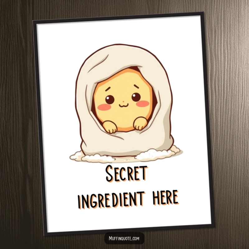 Funny digital art print of a mischievous bread roll character hiding in a flour bag, offering instant humorous decor for any space.