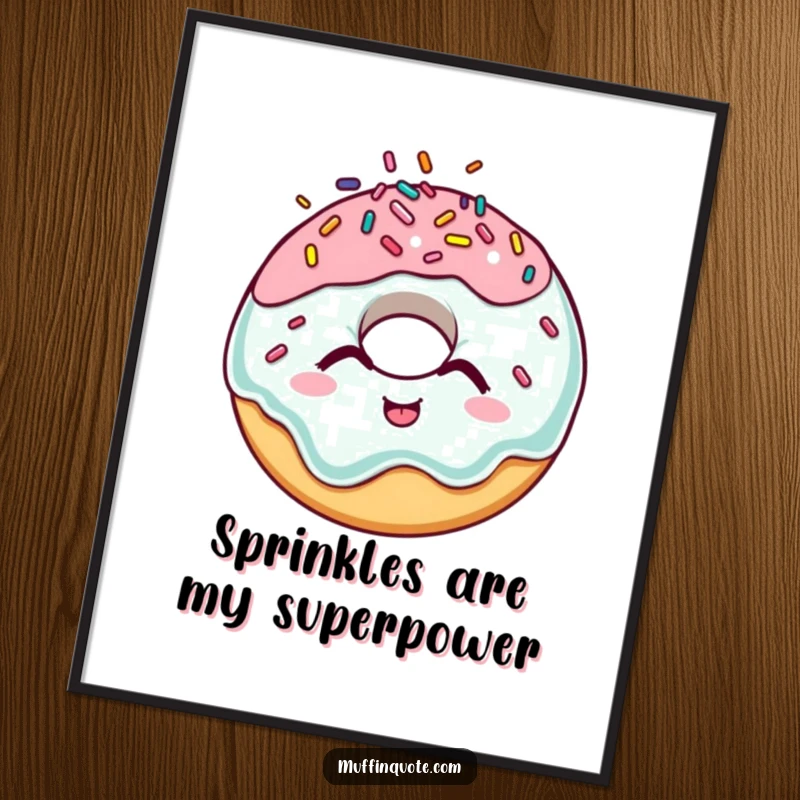 Funny donut digital art print, a giggling character with energetic sprinkles, downloadable humor for instant decor.