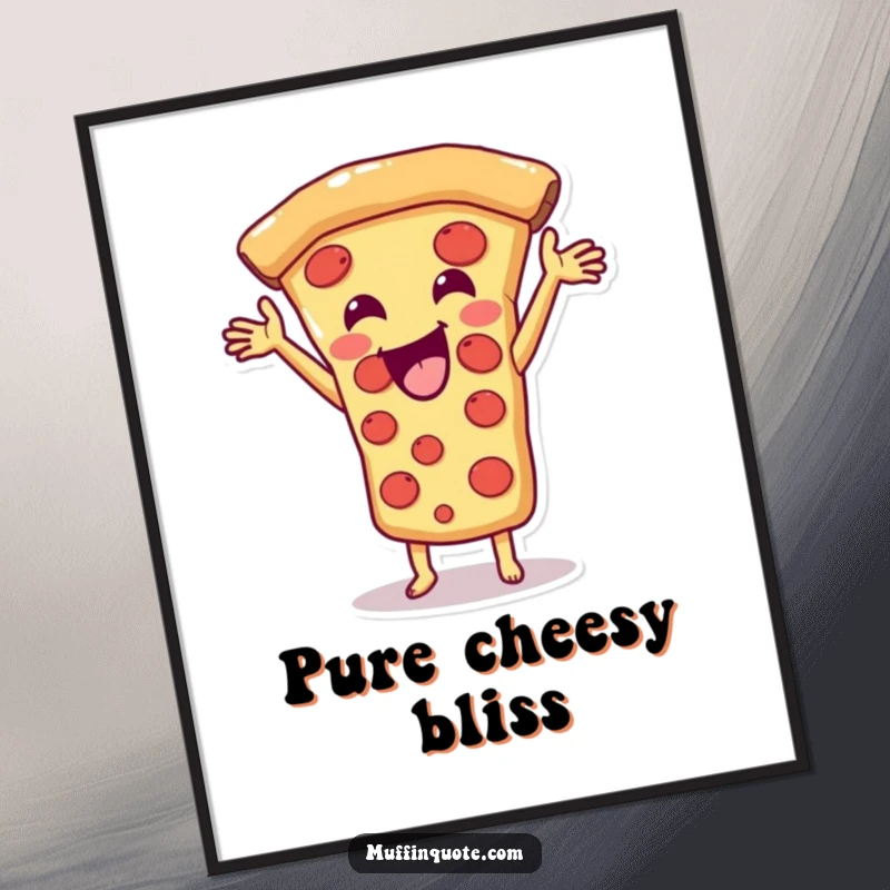 Funny Pizza Slice Digital Art Print featuring a happy character stretching cheese, ready for download and framing, a unique funny gift.
