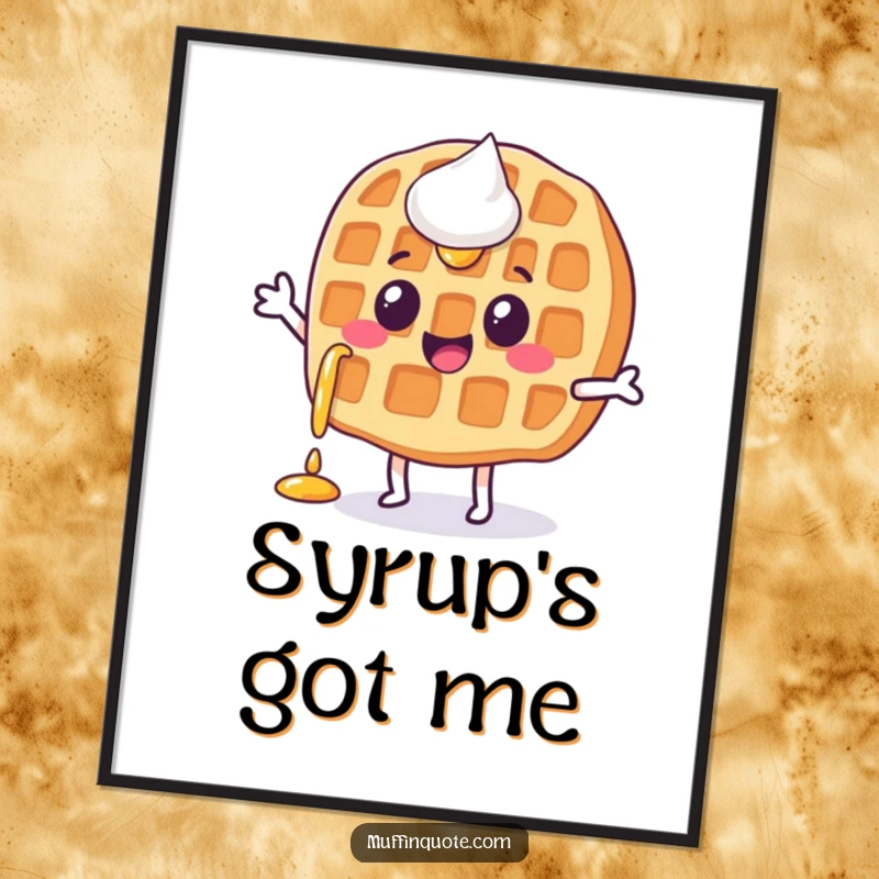 Funny, happy waffle character with syrup dripping, doing a little jig, available as a downloadable digital art print.