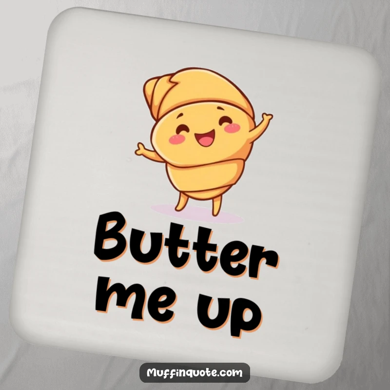 Funny croissant drink coaster with a dancing pastry, protecting surfaces with buttery humor and a cheerful vibe.
