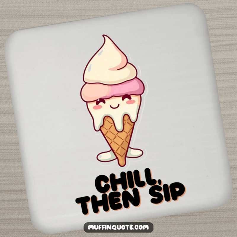 Funny melting ice cream cone coaster, a cheerful character melting slightly, protects furniture from drink rings.