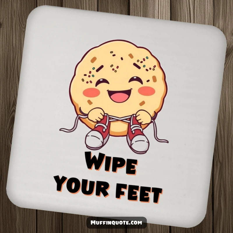 Funny cookie drink coaster with a grinning cookie, sprinkle freckles, and shoelace tying struggle, protecting surfaces humorously.