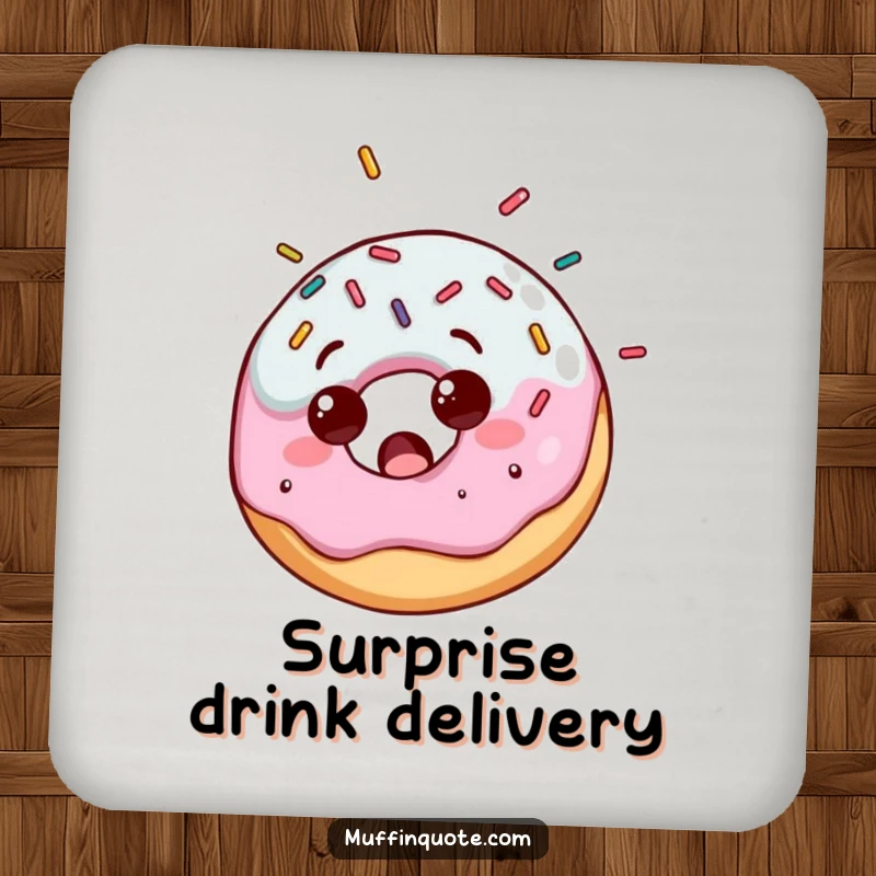 Funny drink coaster showcasing a surprised donut character receiving a delightful shower of colorful sprinkles, adding sweet charm.