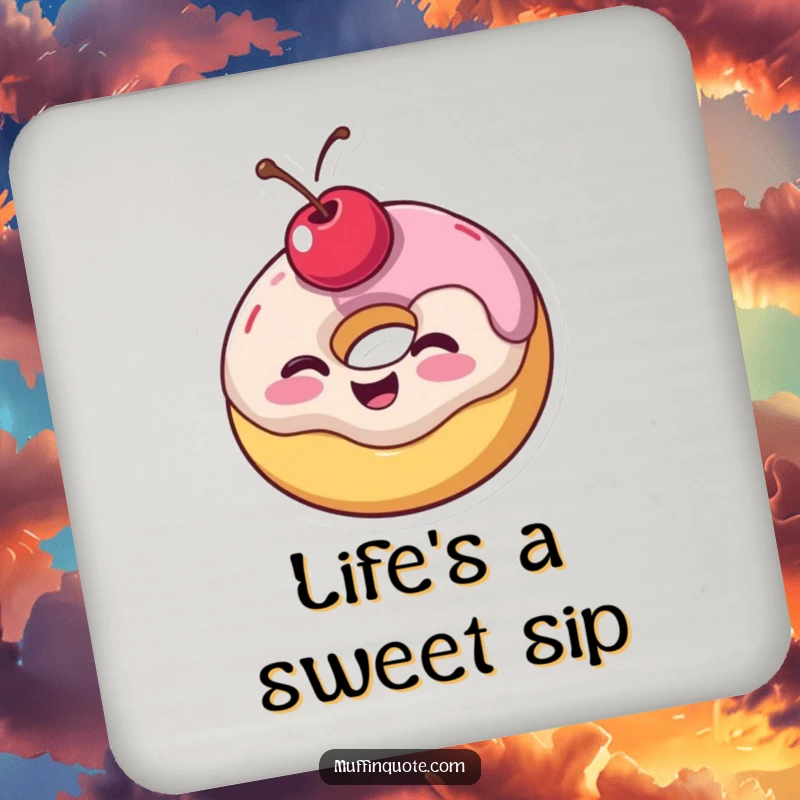 Funny drink coasters featuring a wobbly donut with a cherry on top giving a joyful wink, offering sweet protection with a humorous touch.