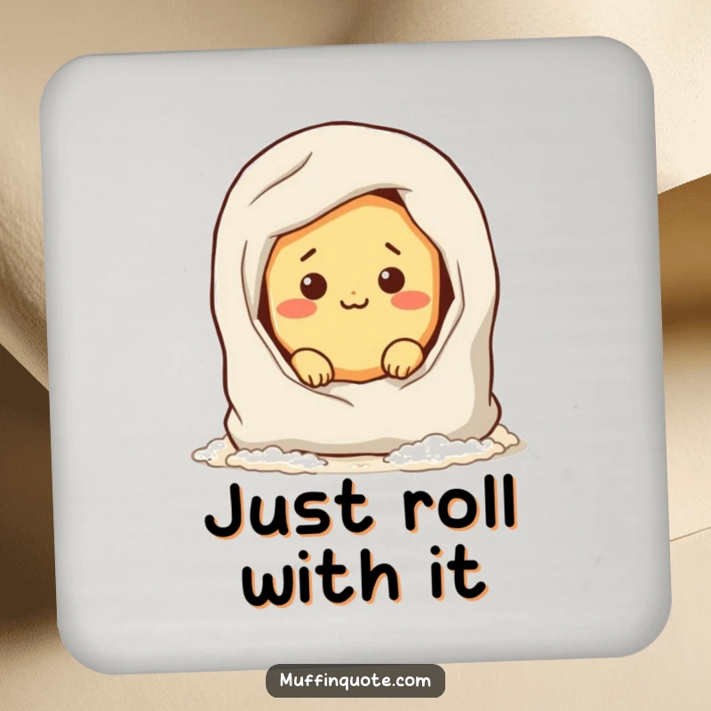 Funny drink coasters showcasing a mischievous bread roll character hiding in a flour bag, adding a touch of bakery humor to any beverage.