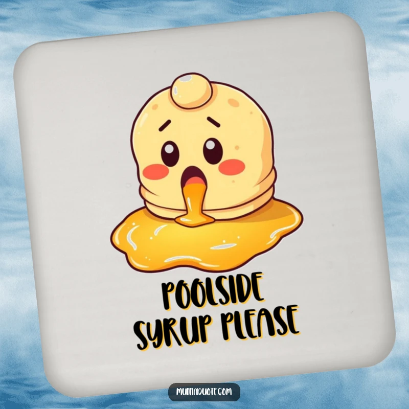 Funny pancake coaster with a surprised character looking gleefully at syrup, protecting surfaces with breakfast humor.