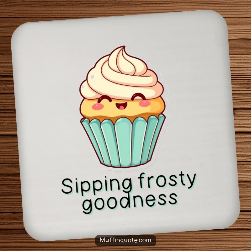 Funny Coasters: Set features a smiling cupcake character wiggling its frosting, perfect for protecting surfaces with sweet humor.