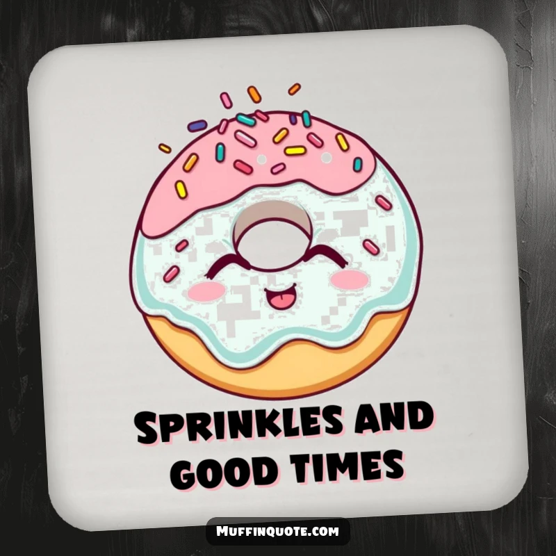 Funny donut coaster featuring a giggling character with sprinkles, protecting surfaces with a dose of sugary fun.