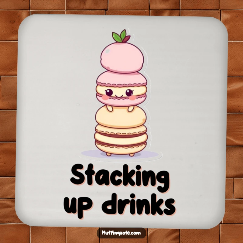 Funny Coaster: A playful macaroon character builds a tower, guarding against drink rings.