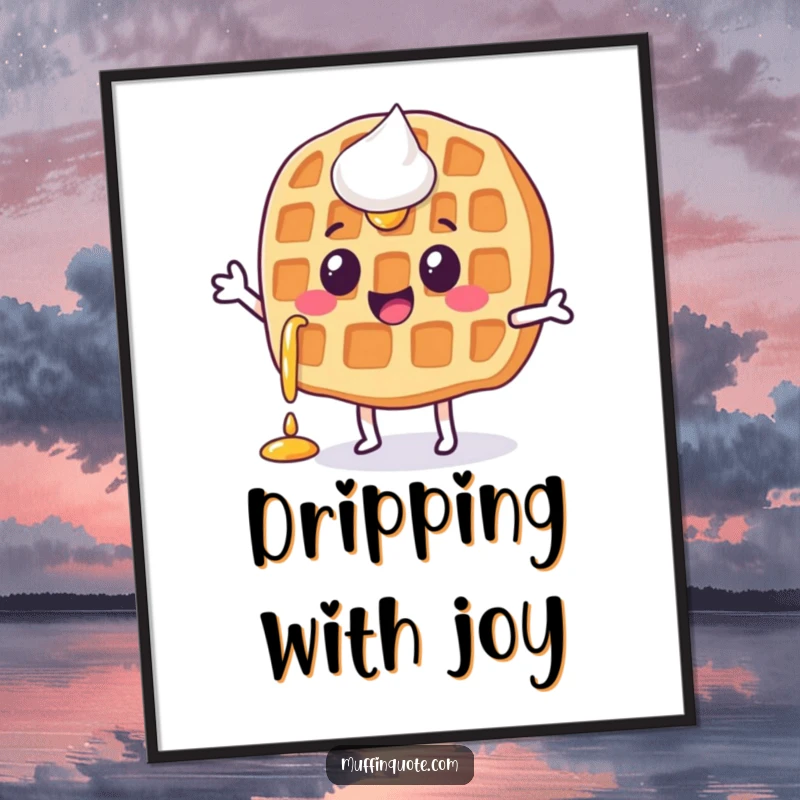 Funny, happy waffle character with syrup dripping, doing a little jig, displayed as fun wall art.