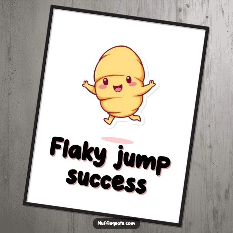 Funny cheerful croissant character doing a bouncy leap, a humorous and energetic poster art print.