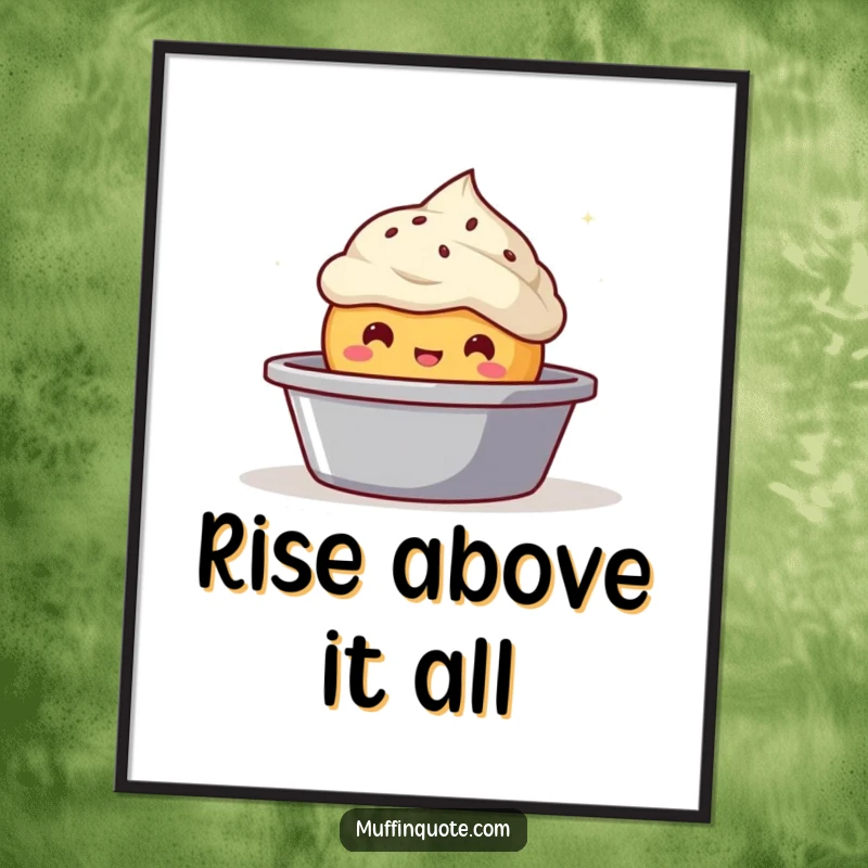 Funny bubbly muffin character popping out of a baking tin poster, vibrant and cheerful wall art.