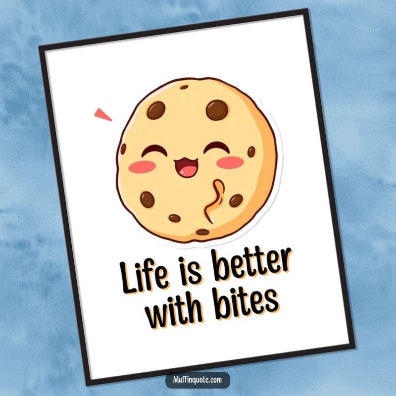 Funny Cookie Bite Poster showcasing a chortling cookie character with a missing bite, perfect for wall decor and as a funny gift.