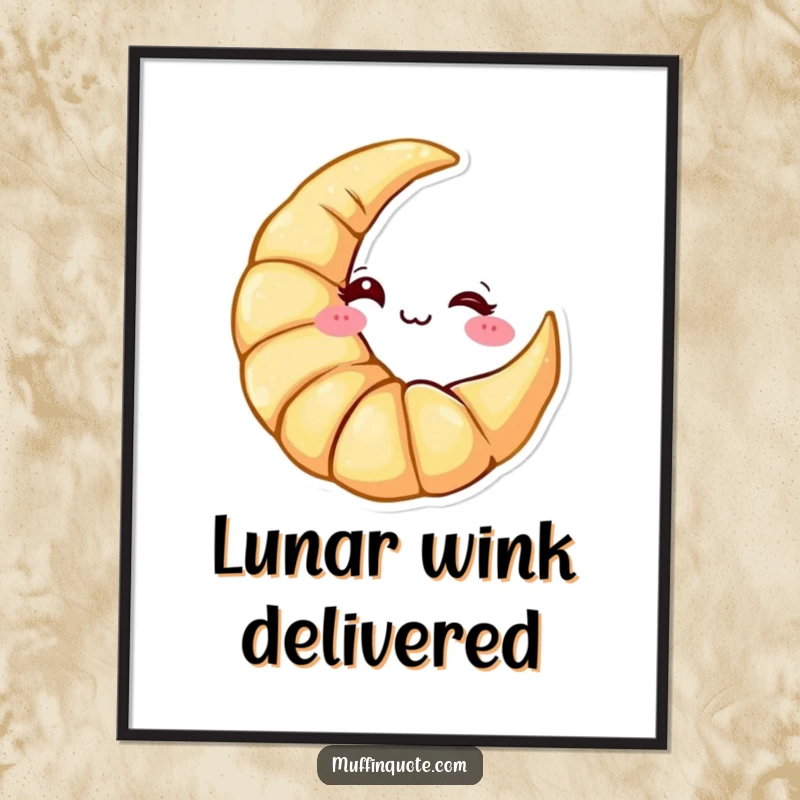 Funny Poster: A croissant character shaped like a crescent moon winking cheekily, ideal for adding playful charm to decor.