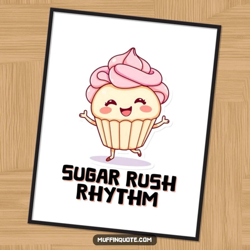 Funny poster art of a smiling cupcake with swirled frosting hair tap-dancing enthusiastically, adding a joyful and humorous element to decor.
