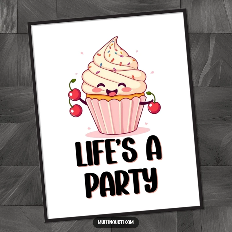 Funny poster of a smiling cupcake character juggling cherries with sprinkles flying, whimsical dessert art.