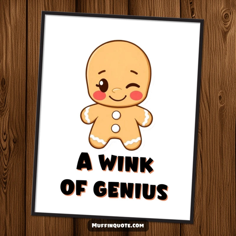 Funny poster art of a grinning gingerbread man giving a cheeky wink, ideal for adding playful and humorous wall decor.