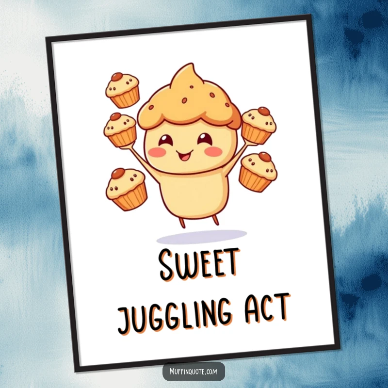 Funny Poster depicting a cheerful muffin character happily juggling three smaller muffins.