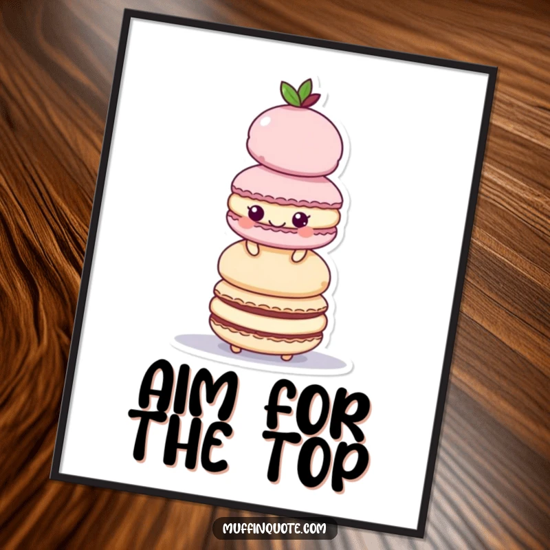 Funny Poster: A playful macaroon character stacks colorful treats into a towering monument of joy.