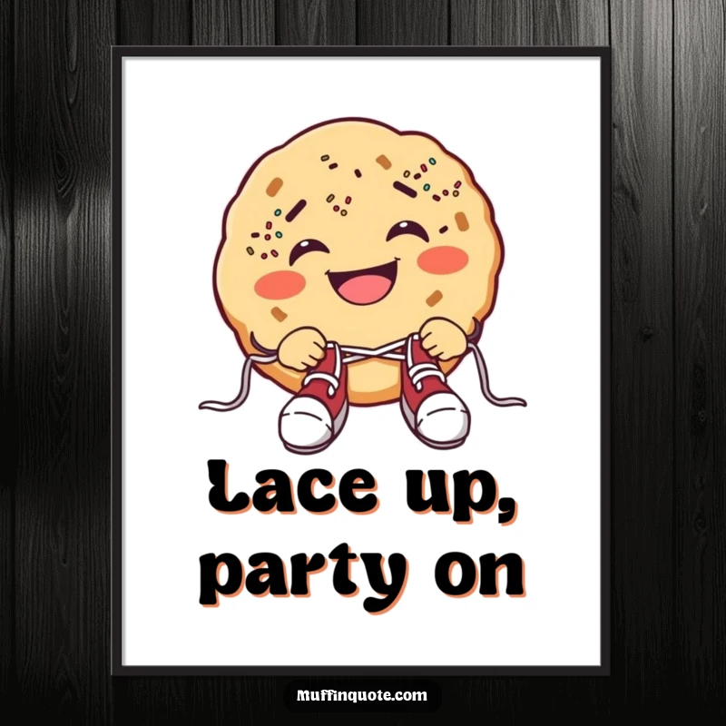 Funny cookie poster depicting a grinning cookie with sprinkle freckles in a comical shoelace-tying situation, adding humor to walls.