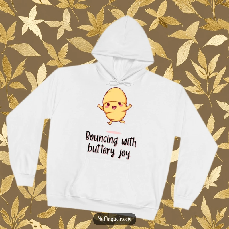 Funny cheerful croissant character doing a bouncy leap, a cozy and humorous hoodie for comfort.