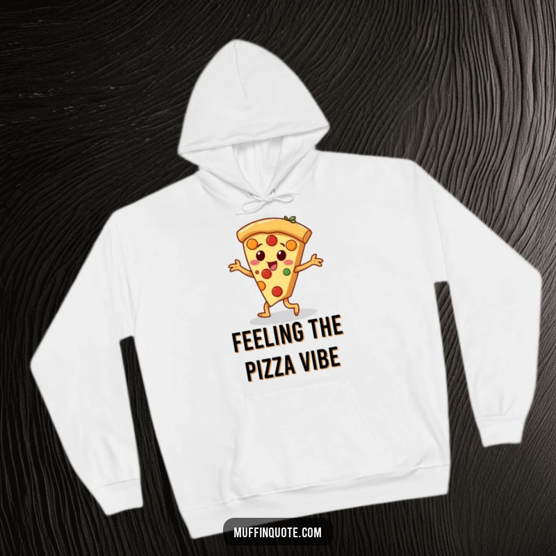 Funny pizza slice character with dancing toppings performing a jig, a cozy and humorous hoodie.