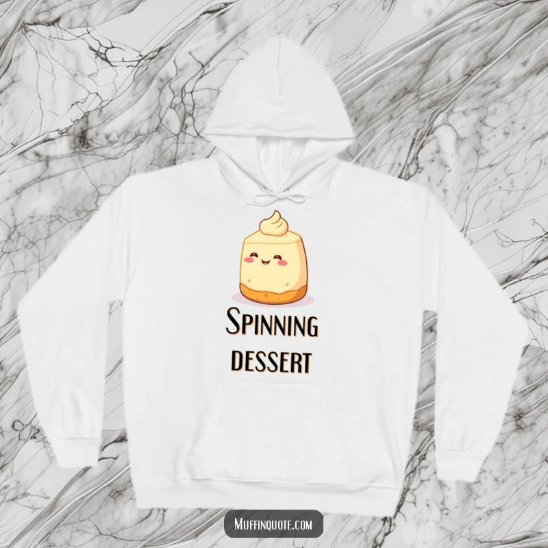 Funny Hoodie: A smiling cheesecake character with a crusty base performs a happy spin, offering warmth and a touch of dessert humor.