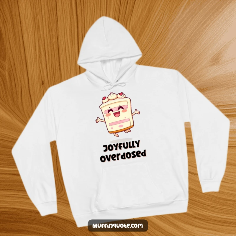 Funny hoodie depicting a happy slice of cake character leaping with pure exuberance, perfect for cozy celebrations.