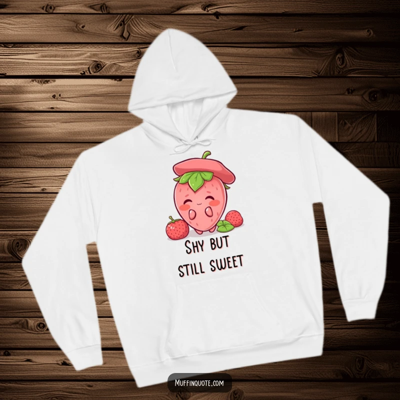 Funny Strawberry Shy Hoodie featuring a blushing strawberry character hiding, offering warmth and cute humor for berry lovers and gift-givers.