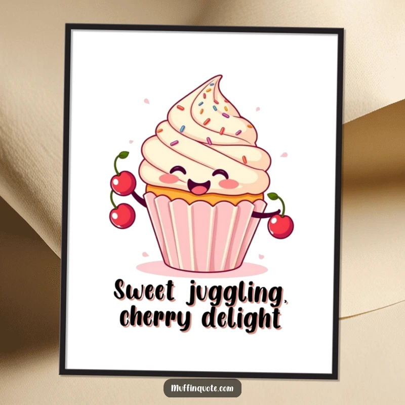 Free Printable Wall Art: A smiling cupcake character juggles cherries with sprinkles flying, creating a fun and vibrant art piece.