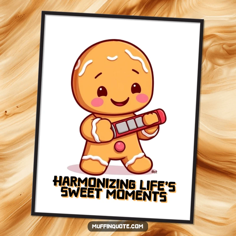 Funny Free Printable Wall Art of a jolly gingerbread man with icing buttons playing a tiny harmonica, creating a musical atmosphere.