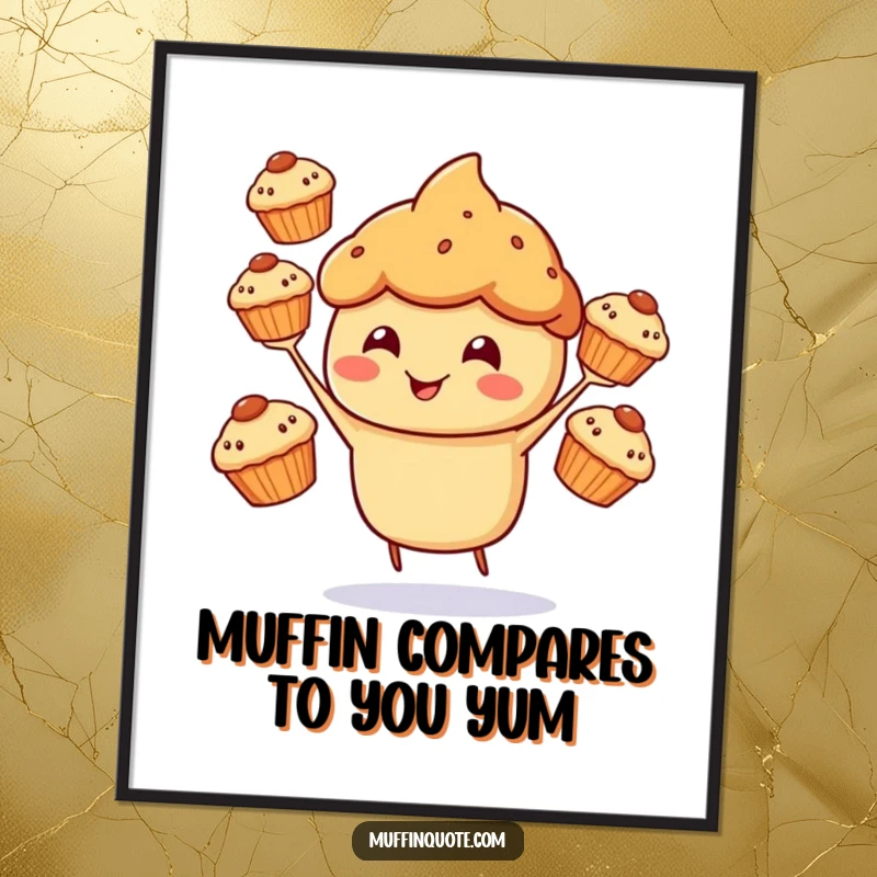 Funny Free Printable Wall Art: A cheerful muffin character happily juggling three smaller muffins, a delightful and humorous piece for any room.