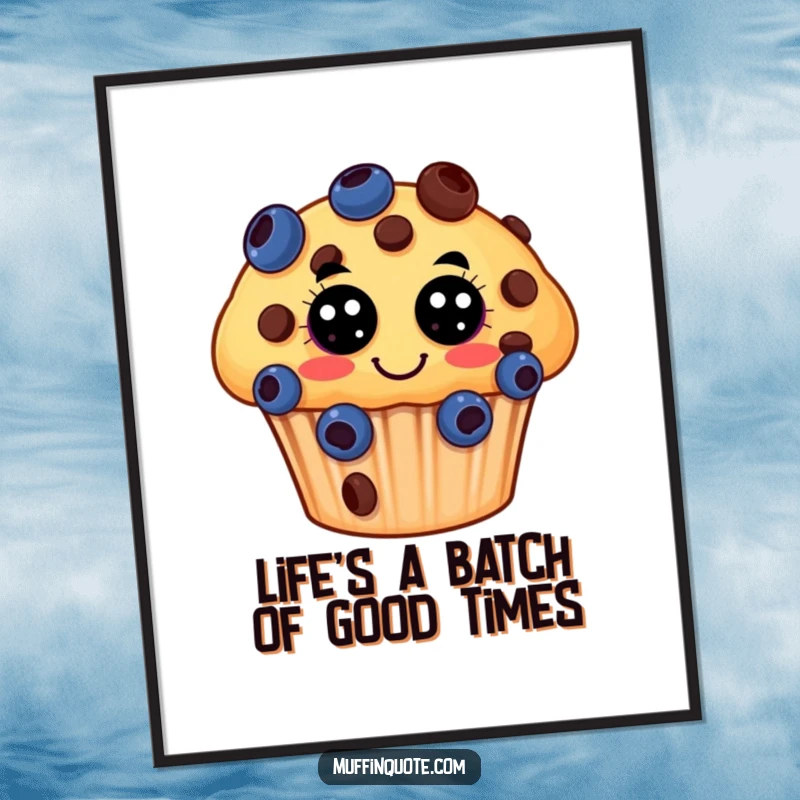 Funny Free Printable Wall Art: A cheerful muffin with chocolate chip eyes juggles blueberries, a playful decor piece.