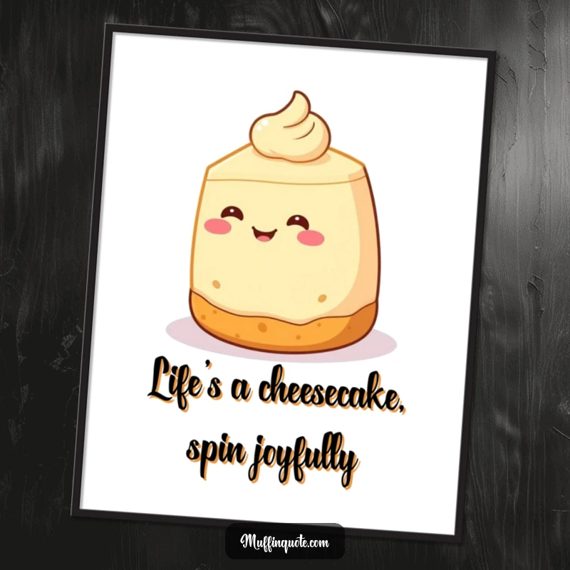 Funny Free Printable Wall Art of a smiling cheesecake with a crust base doing a happy spin, bringing cheerful vibes.