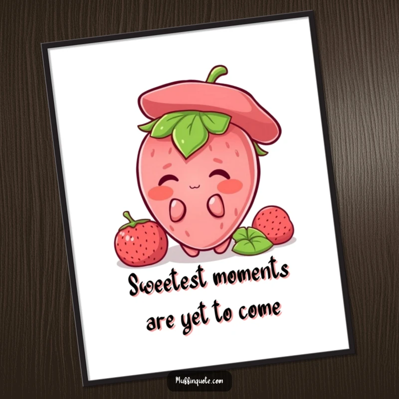 Funny Free Printable Wall Art: A shy strawberry character blushing and hiding behind its green leafy top, radiating cuteness.