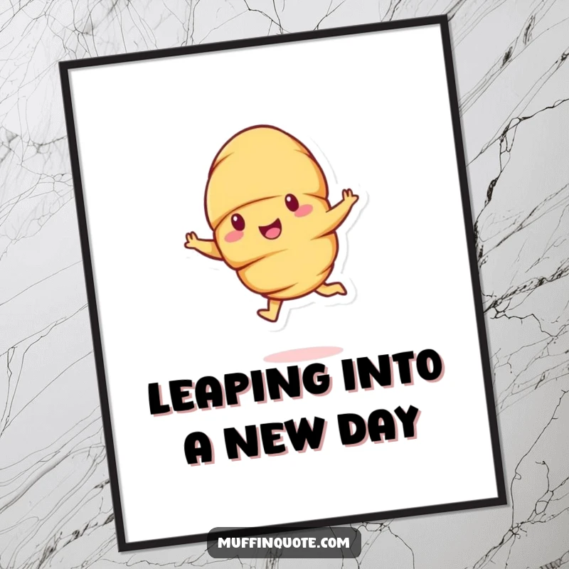 Funny free printable wall art of a happy croissant character captured in a dynamic, bouncy leap.