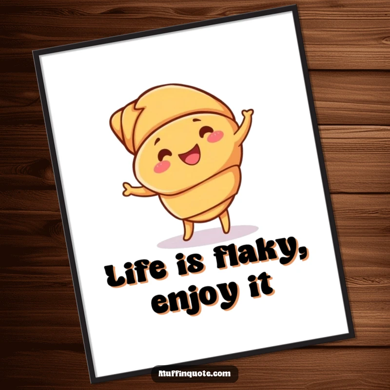 Funny free printable wall art of a happy croissant energetically doing a jig, showcasing its delicious buttery layers with playful flair.