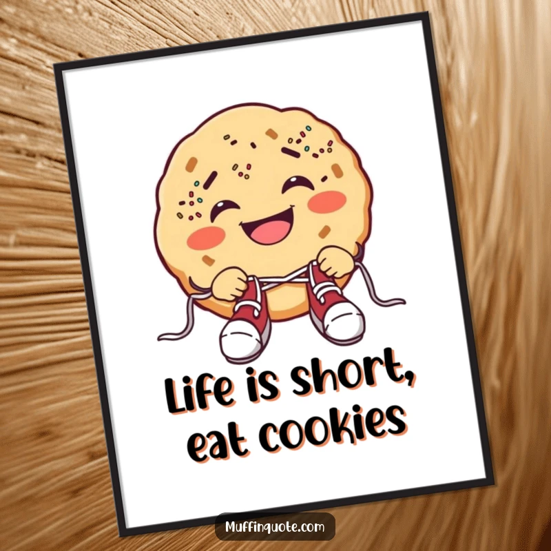 Funny free printable wall art depicting a grinning cookie with sprinkle freckles, comically struggling to tie its shoelaces.