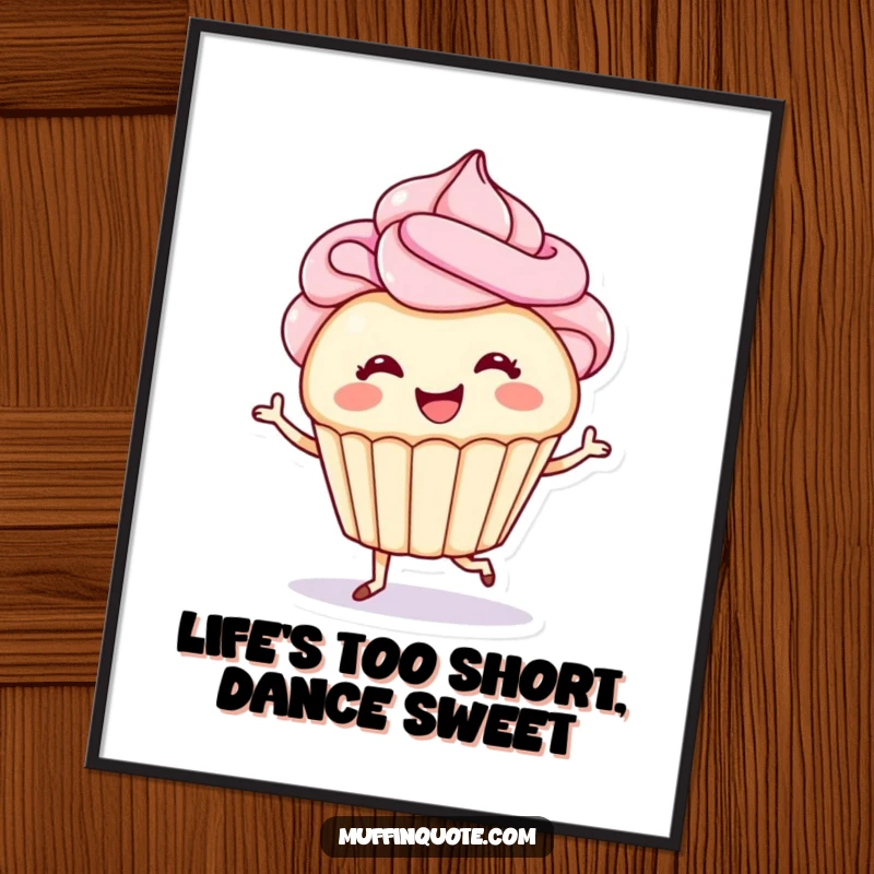 Funny Free Printable Wall Art: A smiling cupcake with swirled frosting hair joyfully tap-dancing, a sweet decor piece.