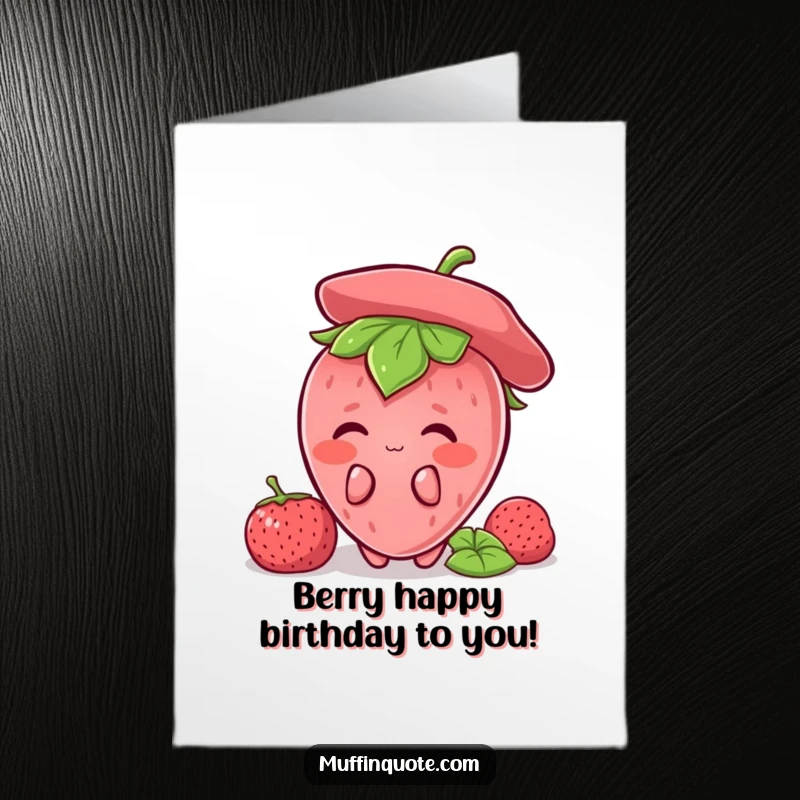 Funny Free Printable Birthday Card: A blushing strawberry character peeking shyly from behind its leafy green top, cute and sweet.