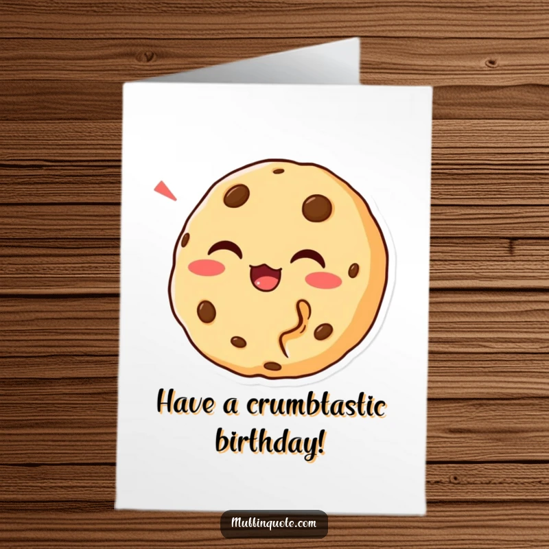Funny Free Printable Birthday Card: A chortling cookie character with a missing bite, giggling gleefully for a birthday.