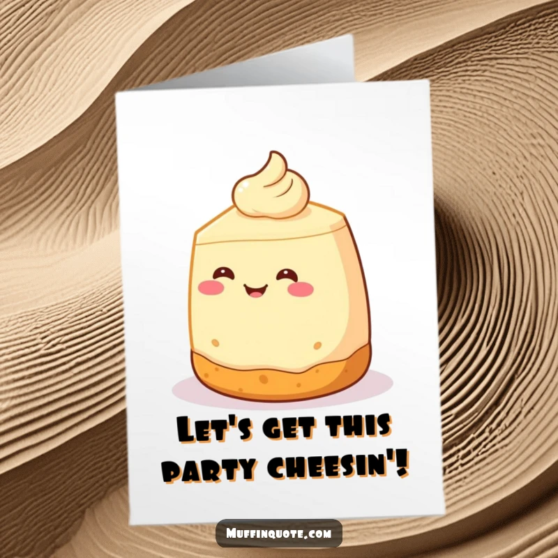 Funny Free Printable Birthday Card of a smiling cheesecake with a crust base doing a happy little spin with confetti.