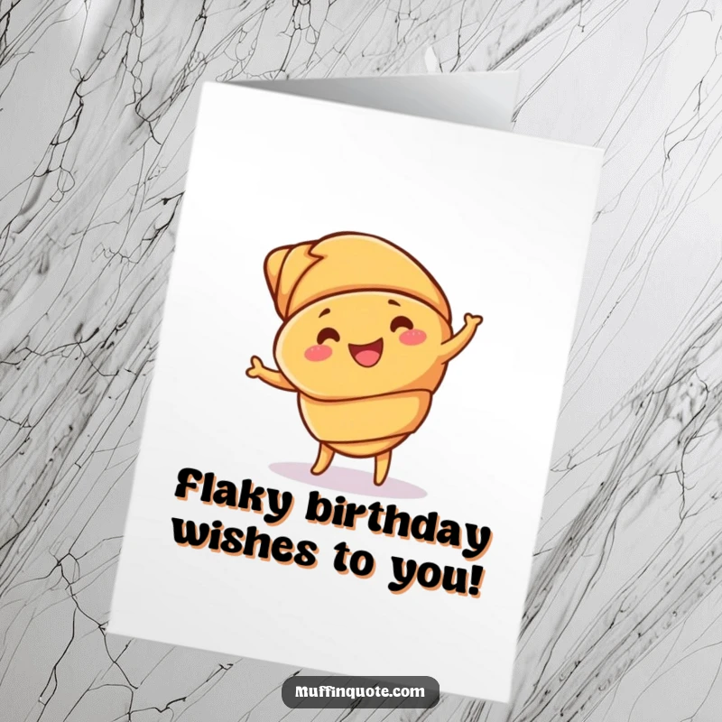 Funny free printable birthday card of a happy croissant with buttery layers flexing while doing a joyful jig, perfect for any celebration.