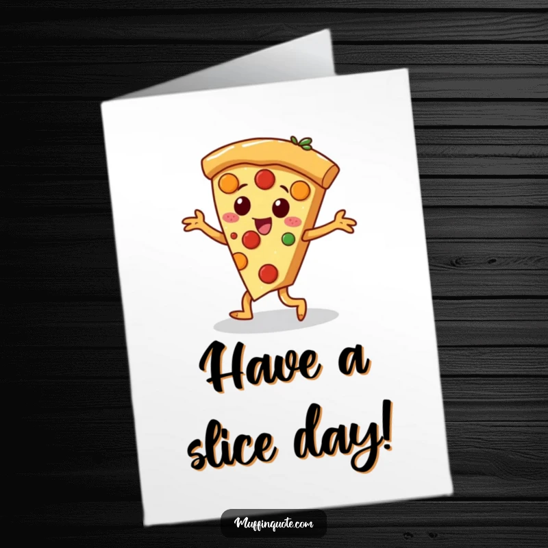 Funny free printable birthday card featuring a pizza slice character with dancing toppings performing a lively jig.