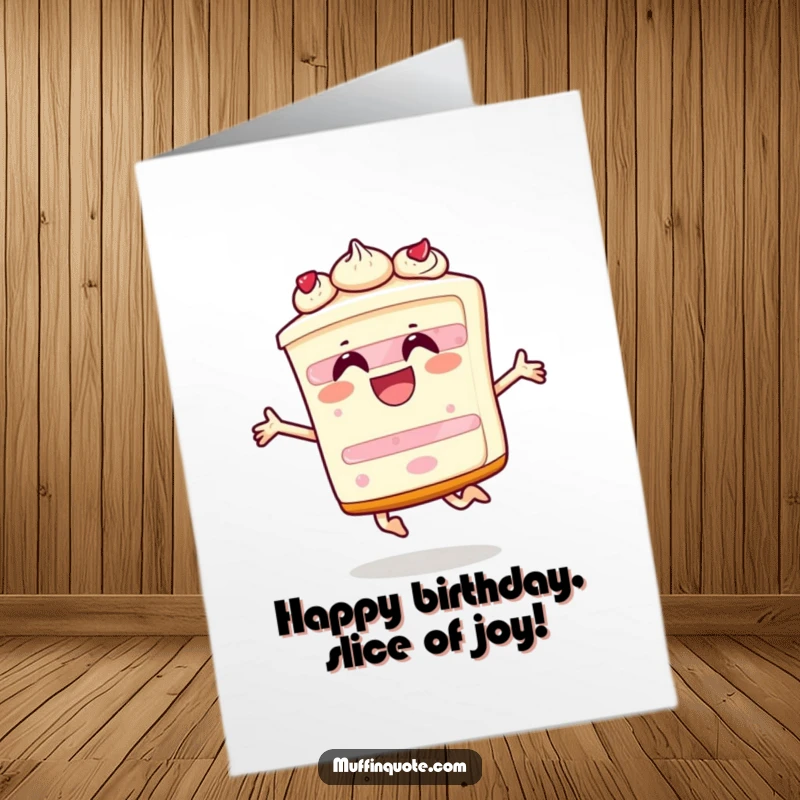 Funny Free Printable Birthday Card of a happy slice of cake character joyfully leaping high in the air, celebrating a special day.