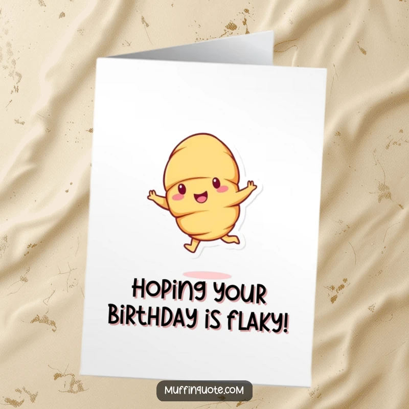 Funny free printable birthday card featuring a cheerful croissant character mid-leap with great enthusiasm.