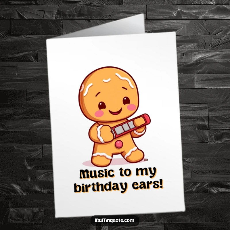 Funny Free Printable Birthday Card of a jolly gingerbread man with icing buttons playing a tiny harmonica with musical notes around him.