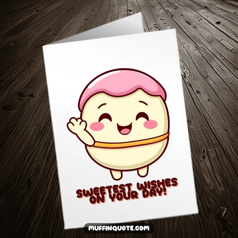 Funny Free Printable Macaron Birthday Card showing a delighted pastel macaron character offering a shy, sweet wave for a happy celebration.